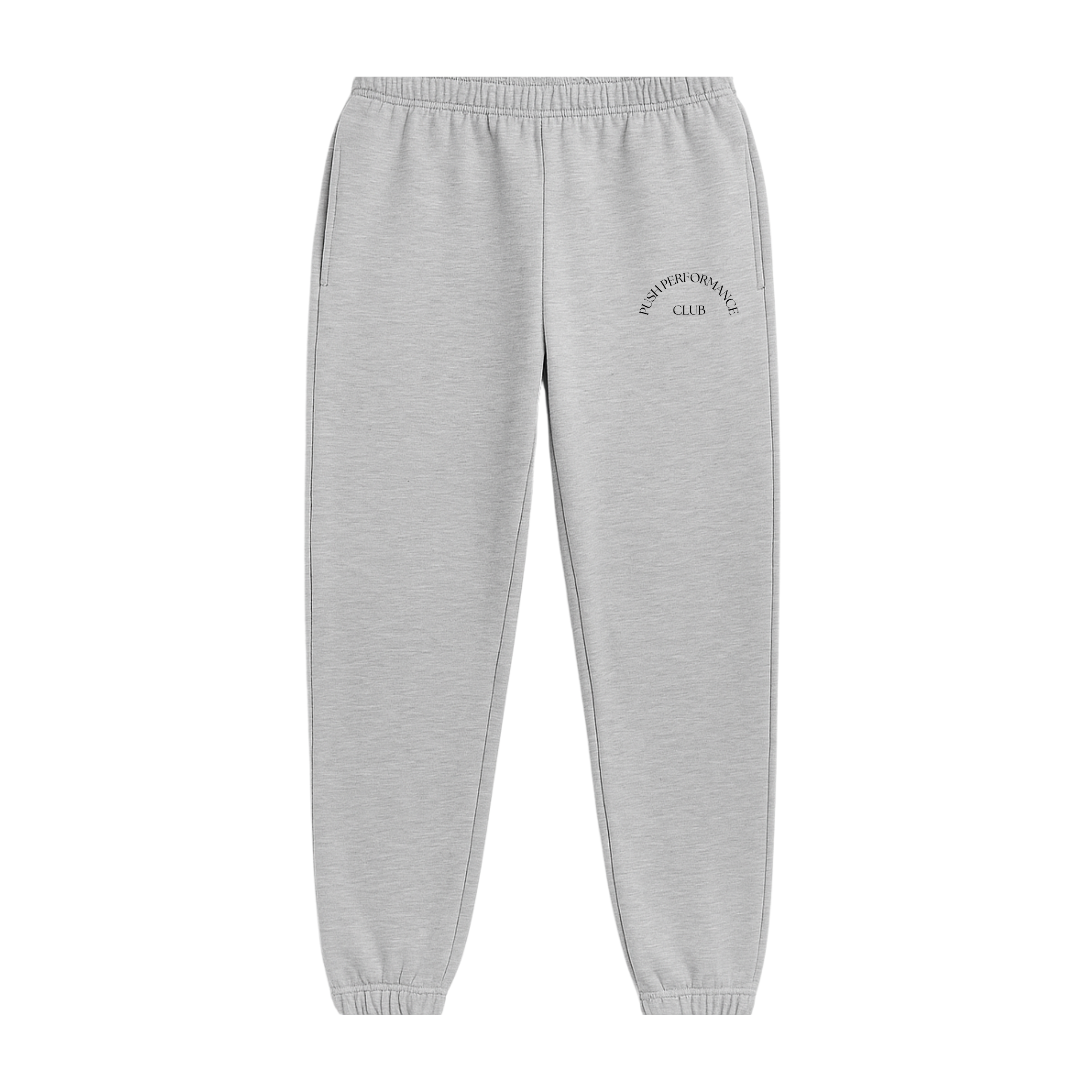 Essential Warm Up Jogger in black from Push Performance, laid flat to show tapered fit and soft fabric finish