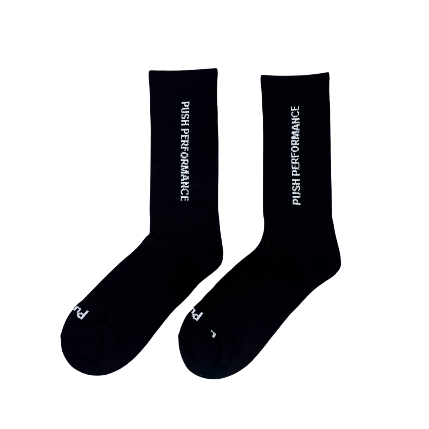 Black performance running socks flat lay.