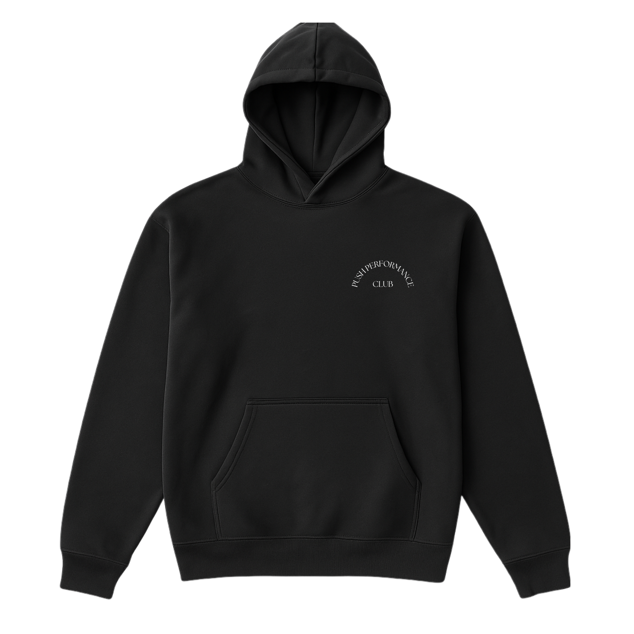 Black Essential Warm Up Hoodie by Push Performance laid flat, showcasing premium cotton fabric and clean athletic cut