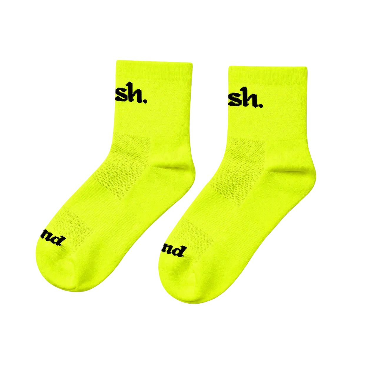 A pair of push performance neon yellow running crew socks with black text branding on the cuff and toe, displayed against a clean white background.