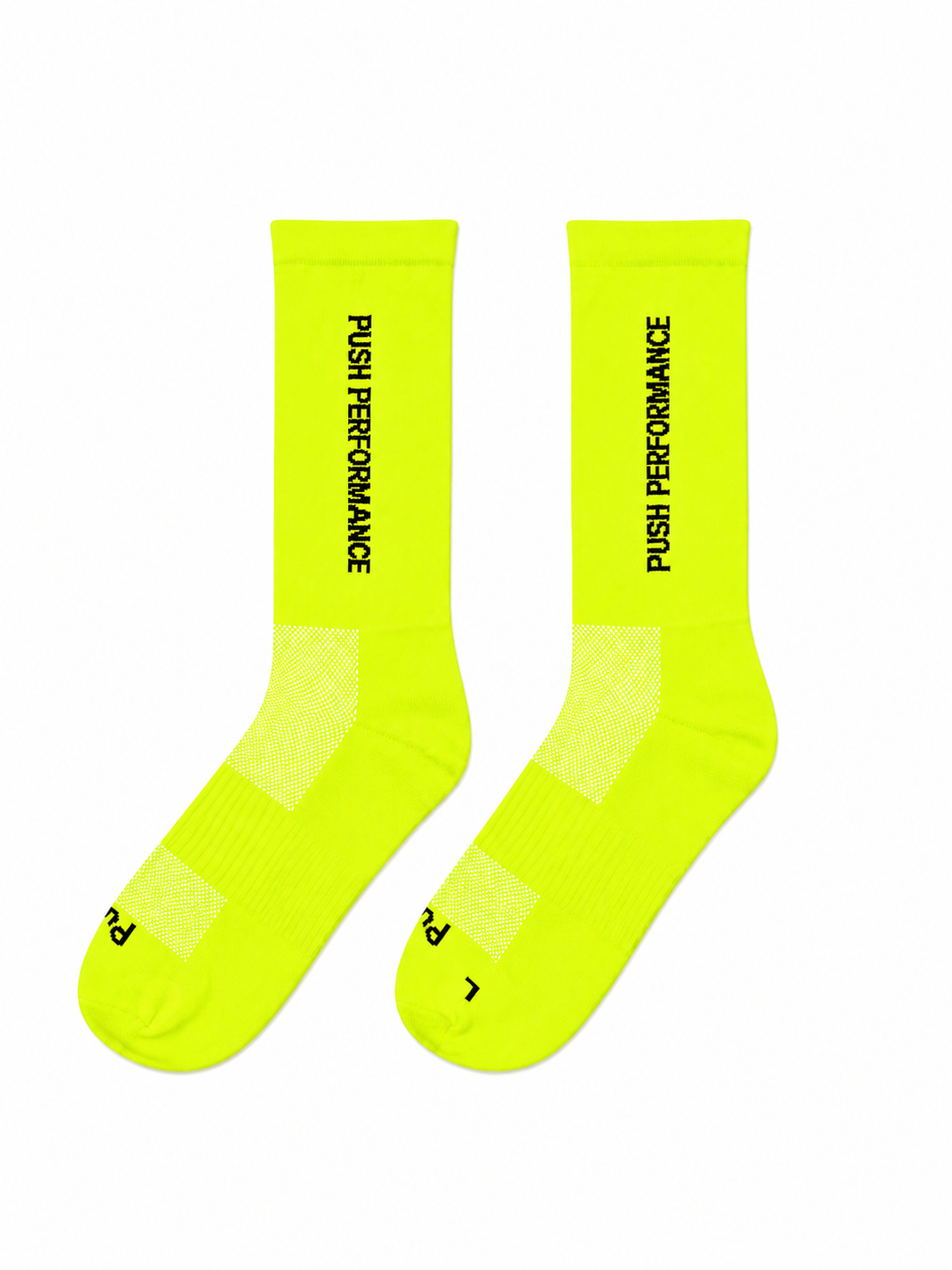 neon yellow running crew socks with black text flatlay on a white background