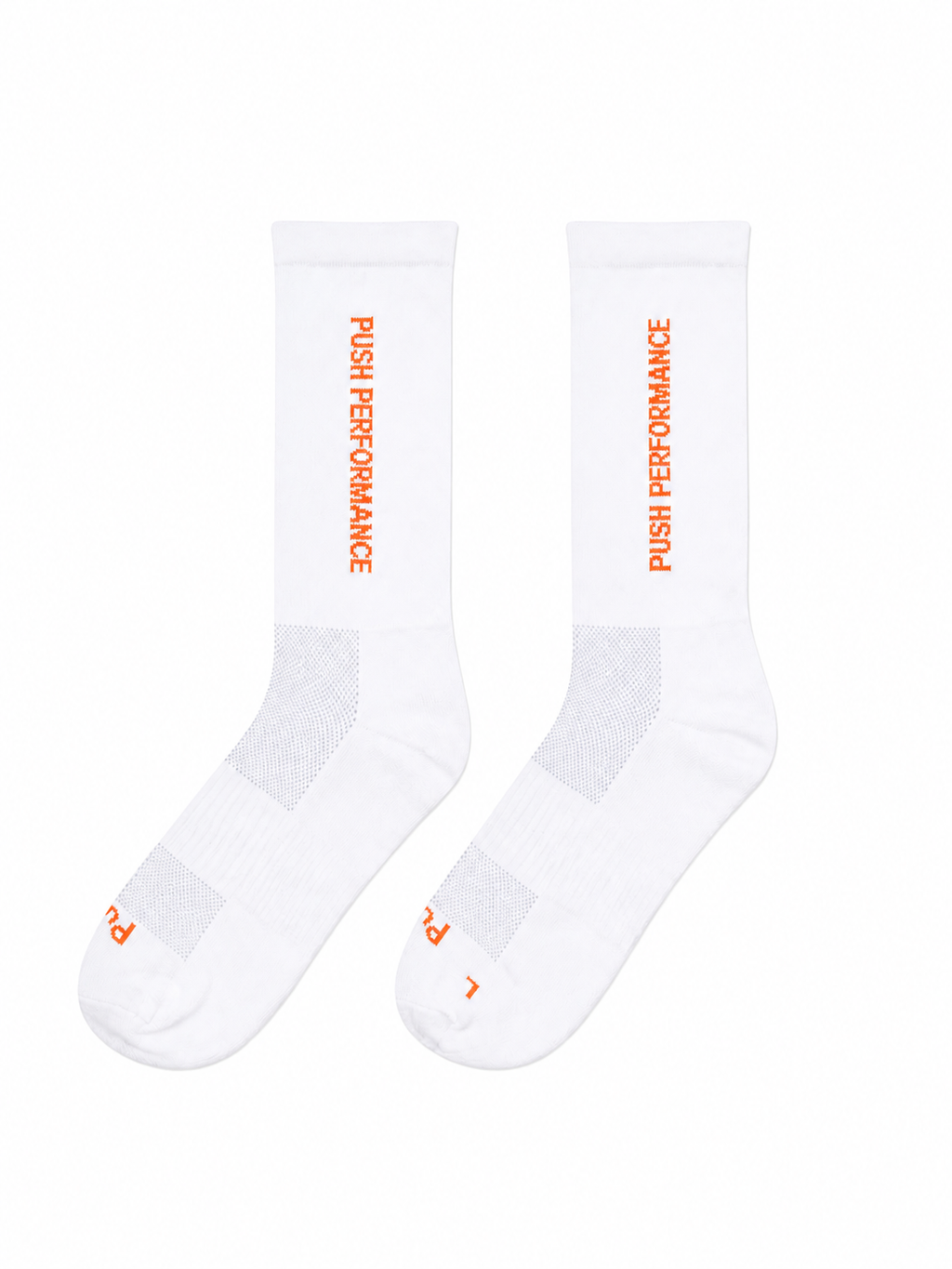 White performance running socks with orange 'Push Performance' text on a white background