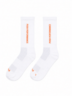 White performance running socks with orange 'Push Performance' text on a white background