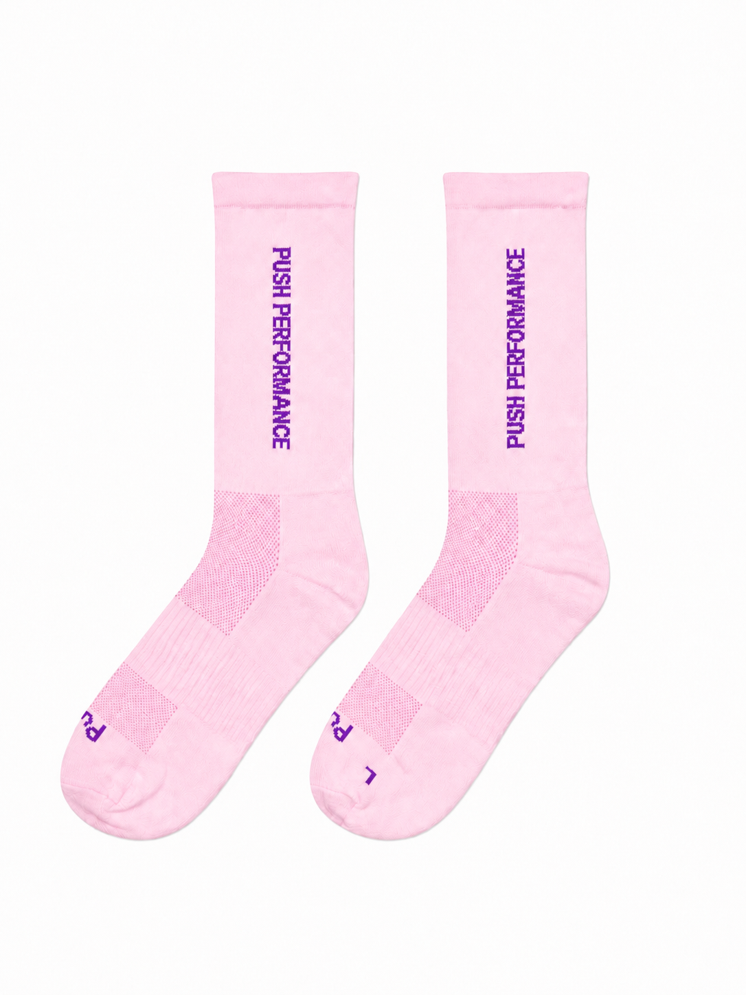 A pair of light pink push performance crew running socks with purple text reading 'PUSH PERFORMANCE' printed vertically on the sides, displayed against a plain white background.