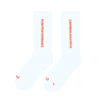 push performance white and orange  anti-blister running socks on white flatlay backgroundnd 