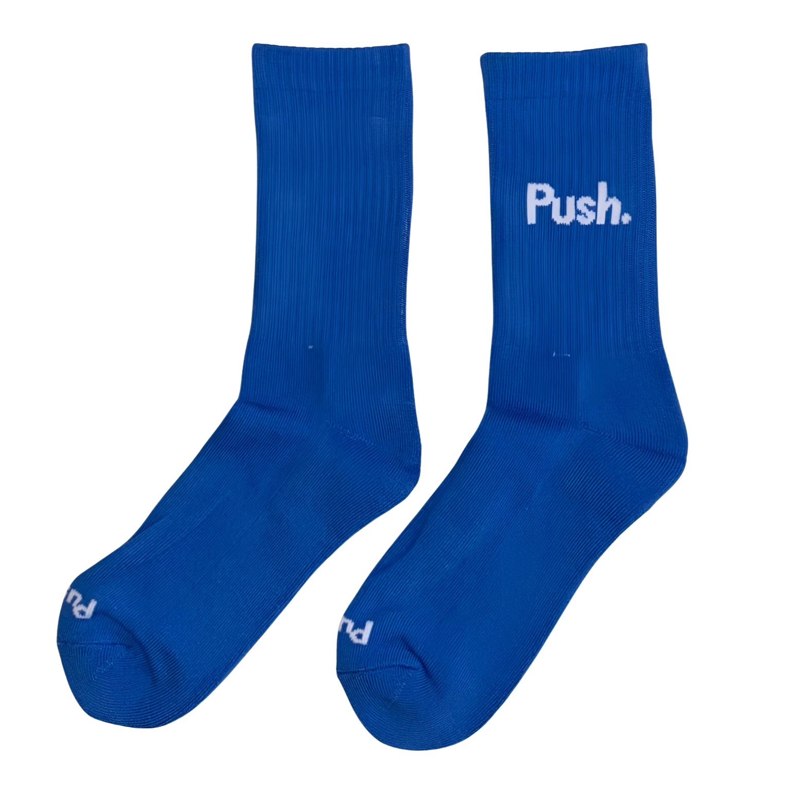 Pair of blue training socks with 'Push.' logo on a white background