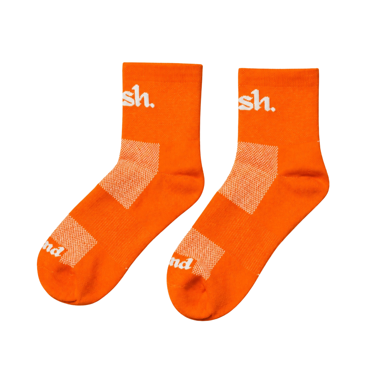 Orange running socks with white text on a white background