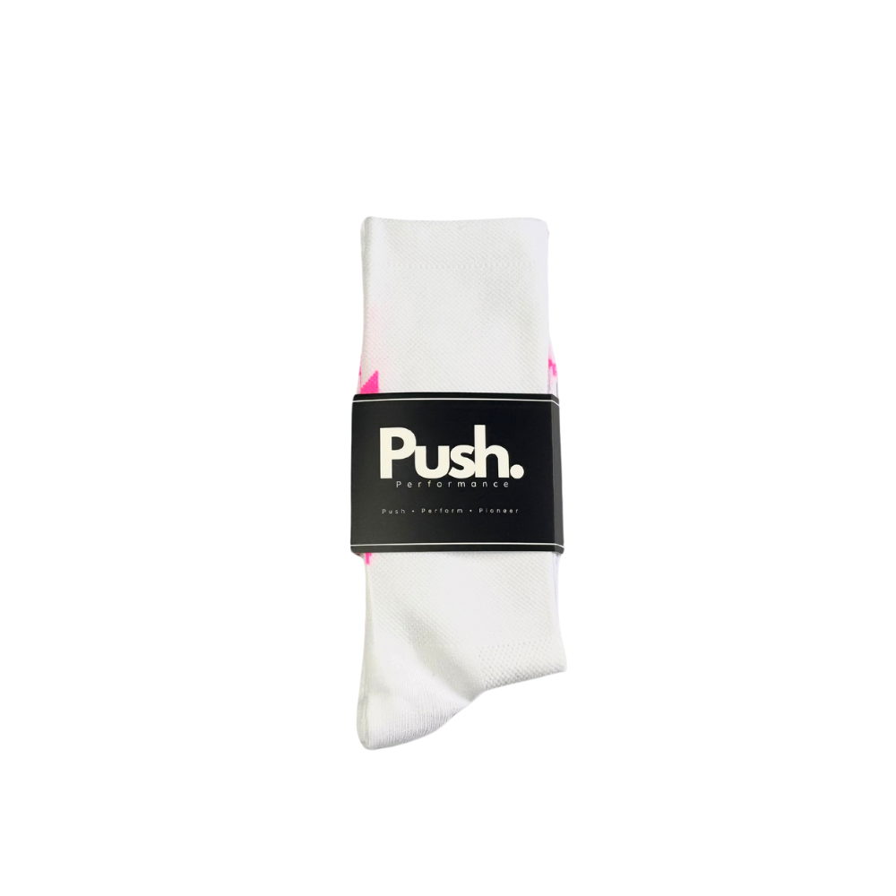 Push Performance white socks with pink bolt, perfect for training and racing.