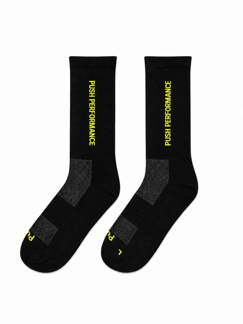 black running crew socks with neon yellow text flatlay on a white background