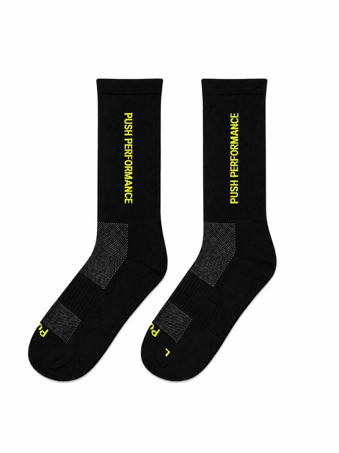 black running crew socks with neon yellow text flatlay on a white background