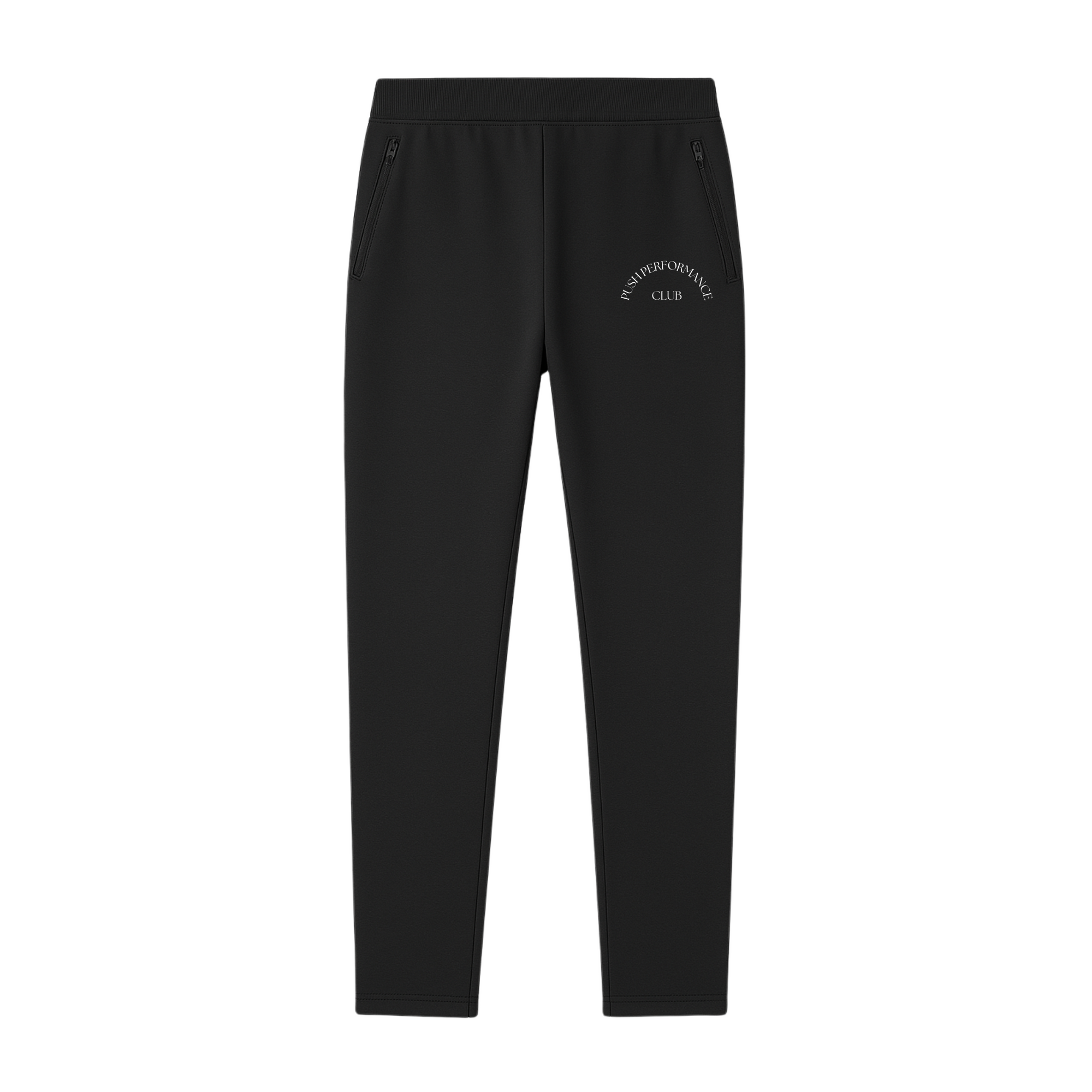 Push Performance black training pants laid flat, featuring tapered fit, zip cuffs, and lightweight technical fabric
