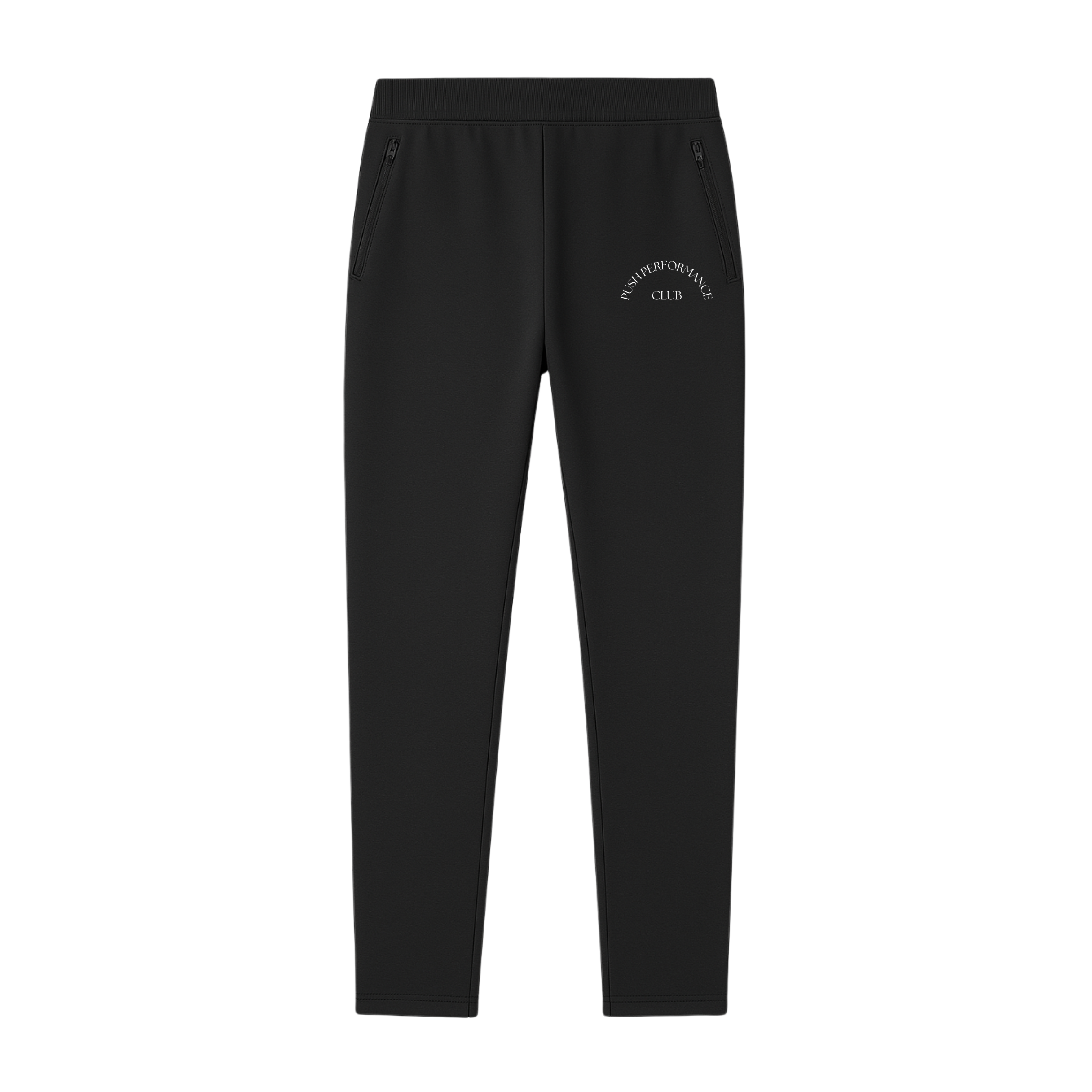 Push Performance black training pants laid flat, featuring tapered fit, zip cuffs, and lightweight technical fabric