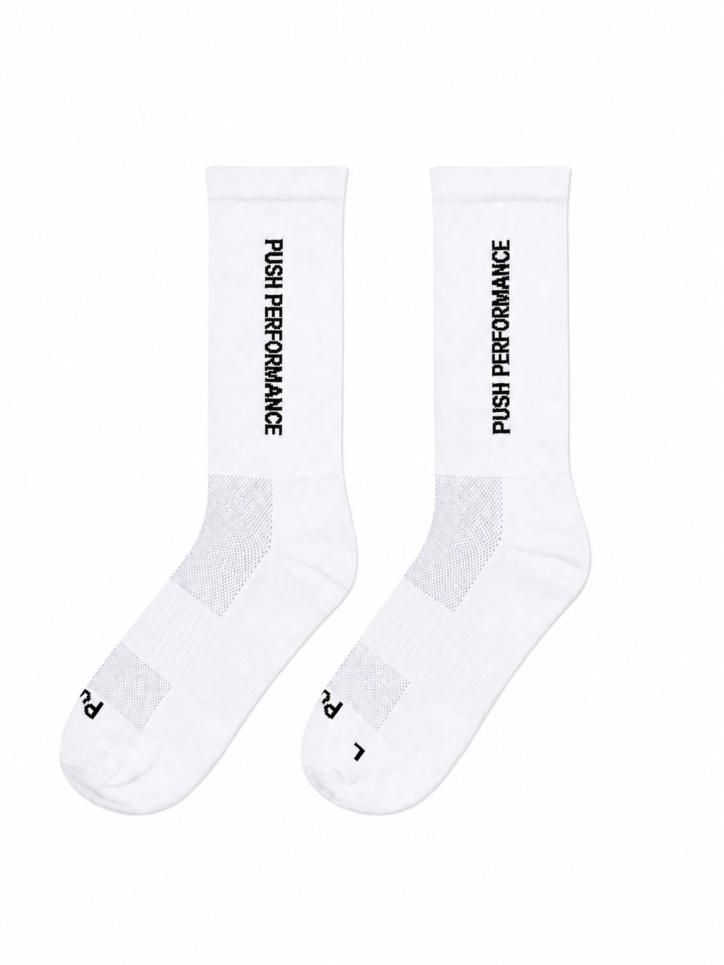White performance running socks with black 'Push Performance' text on a white background
