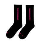 push performance black and pink anti-blister running socks on white flatlay background