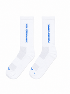 Push performance white running socks with blue text on a white background 