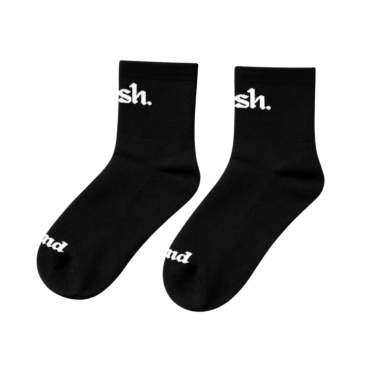 Black running socks with white text on a white background