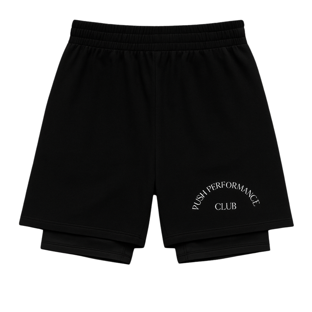 Black shorts with 'Rush Performance Club' text on a white background