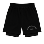 Black shorts with 'Rush Performance Club' text on a white background