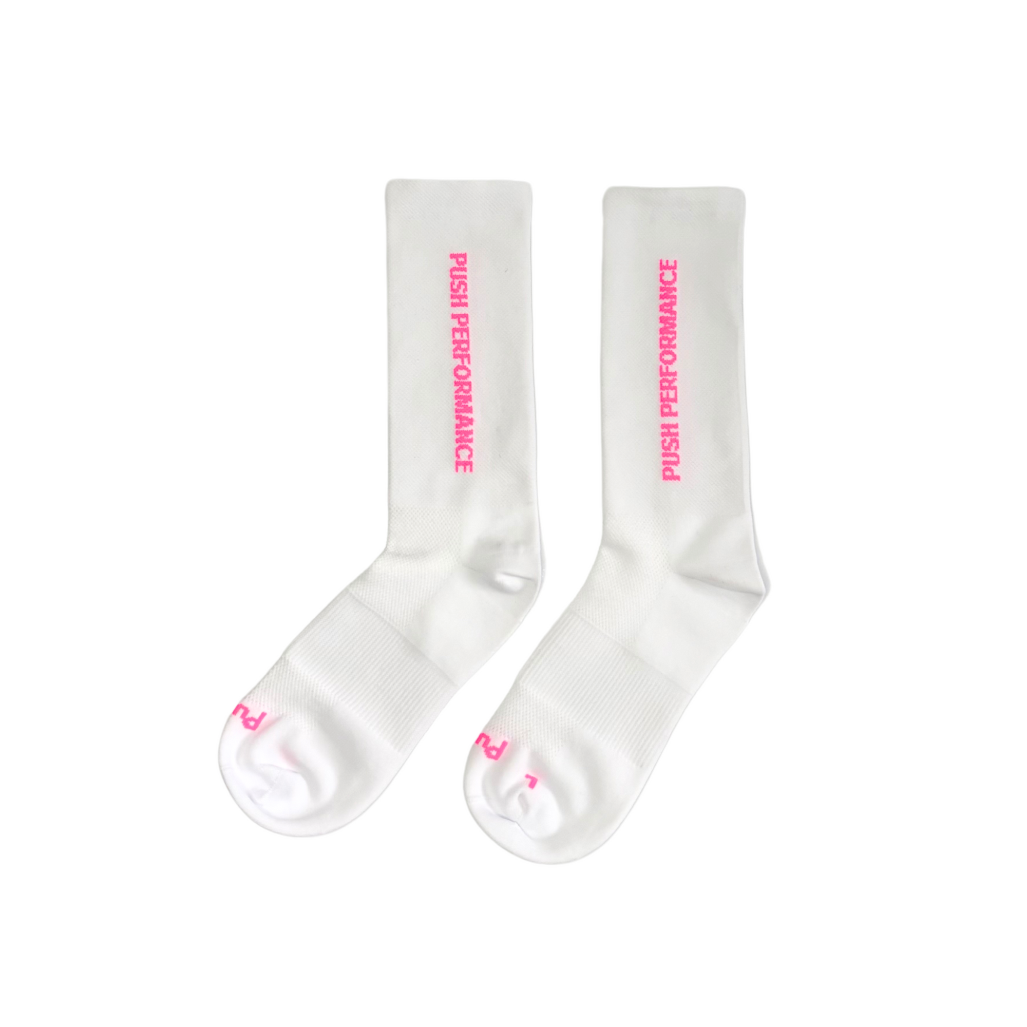 Pair of Push Performance endurance socks in white with hot pink accents, crafted for athletes who push limits