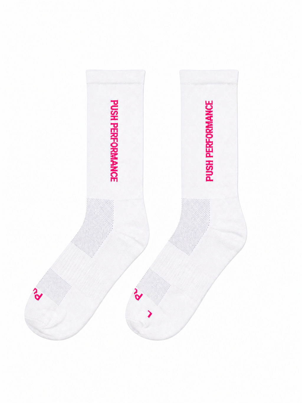 White performance running socks with pink 'Push Performance' text on a white background