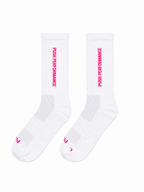 White performance running socks with pink 'Push Performance' text on a white background
